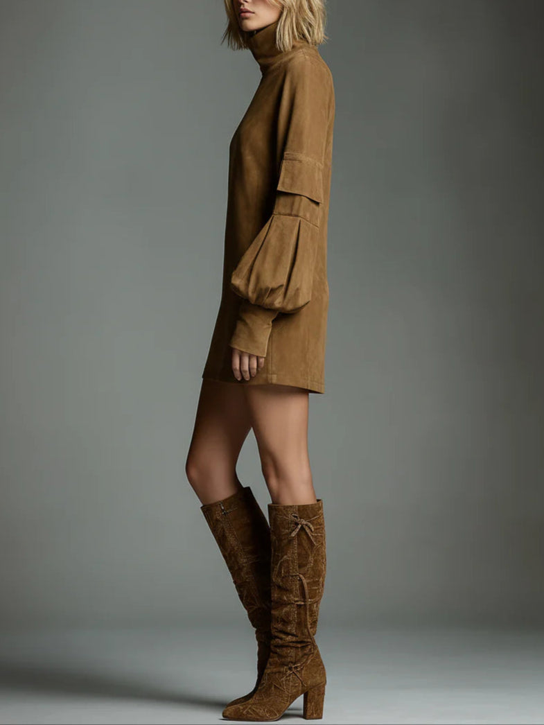 VESTIDO MINI OVERSIZE DE ANTE CON CUELLO ALTO LIVIA