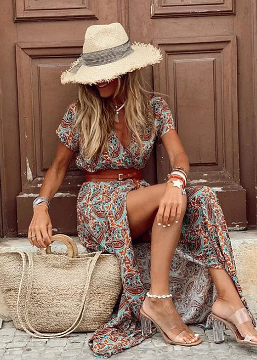 Romy – Vestido largo bohemio con cintura fruncida