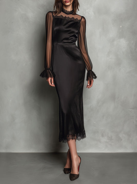 VESTIDO MIDI SATÉN NEGRO MANGA TRANSPARENTE ENCAJE