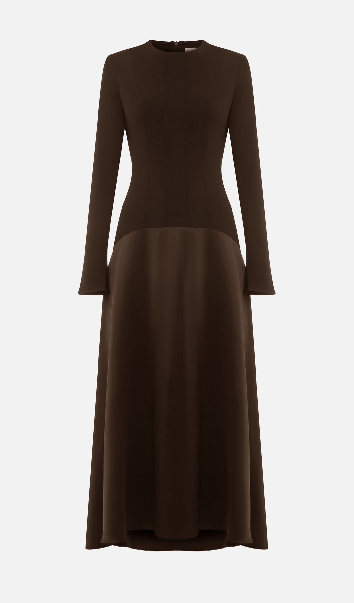 VESTIDO LARGO PUNTOY SATÉN MODELO CAFÉ