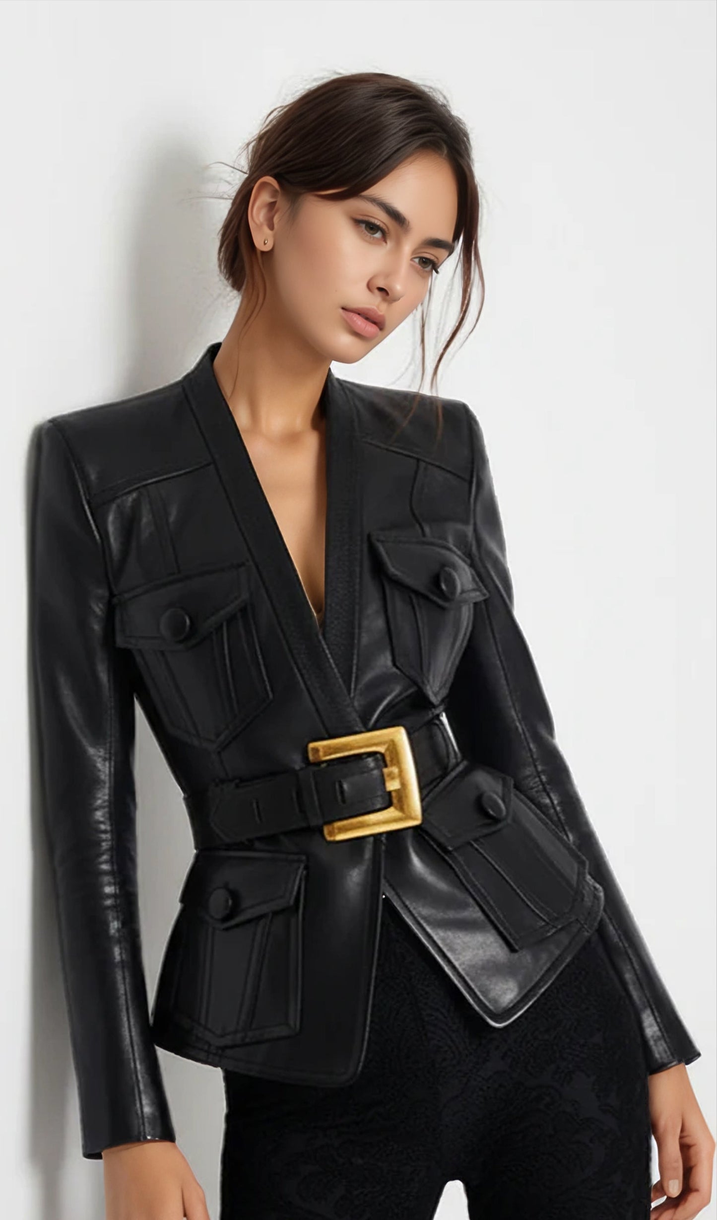 CHAQUETA DE CUERO CON CINTURÓN Y BOTONES