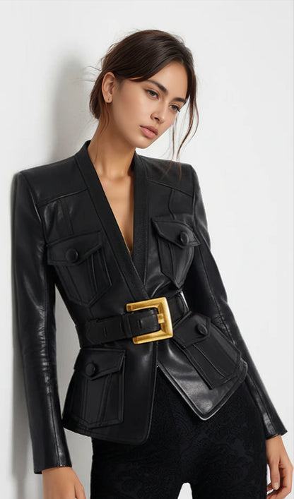 CHAQUETA DE CUERO CON CINTURÓN Y BOTONES