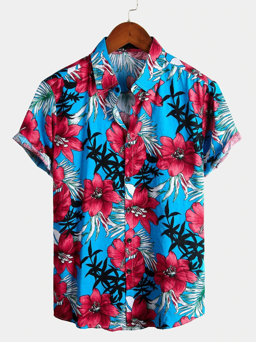 Camisa de algodón puro para hombre con estampado festivo hawaiano,