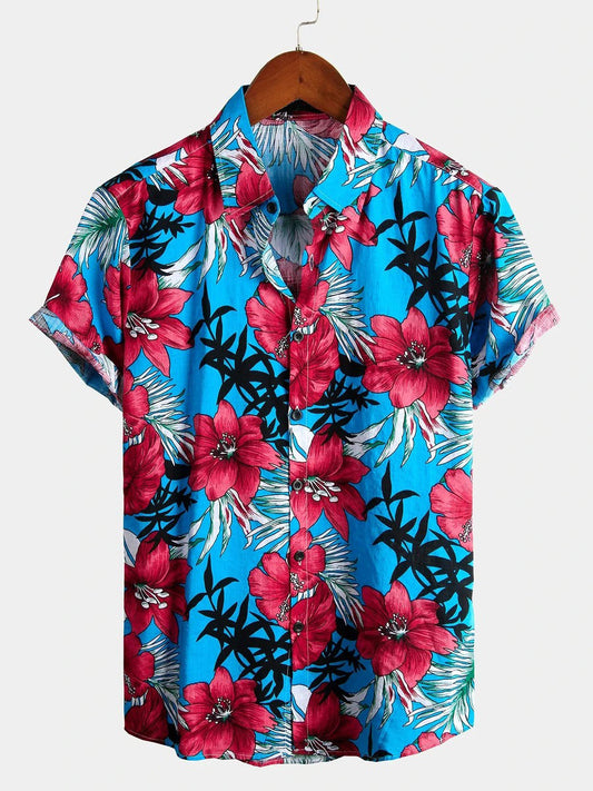Camisa de algodón puro para hombre con estampado festivo hawaiano,