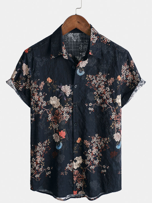 Camisa de manga corta con botones y estampado floral retro para hombre, perfecta para vacaciones.