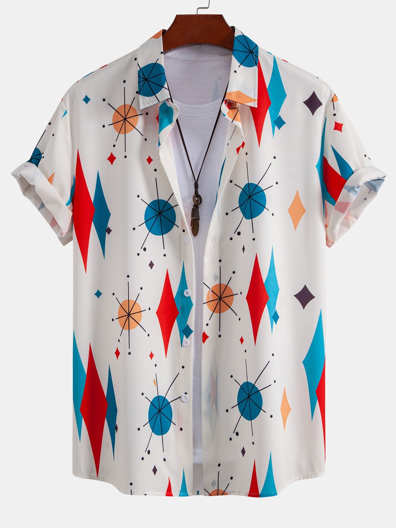 Camisa de Botón con Estampado Geométrico Atómico y Pantalones Cortos de Baño