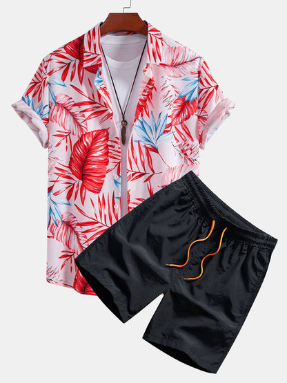 Camisa de botones con estampado tropical y pantalones cortos de baño