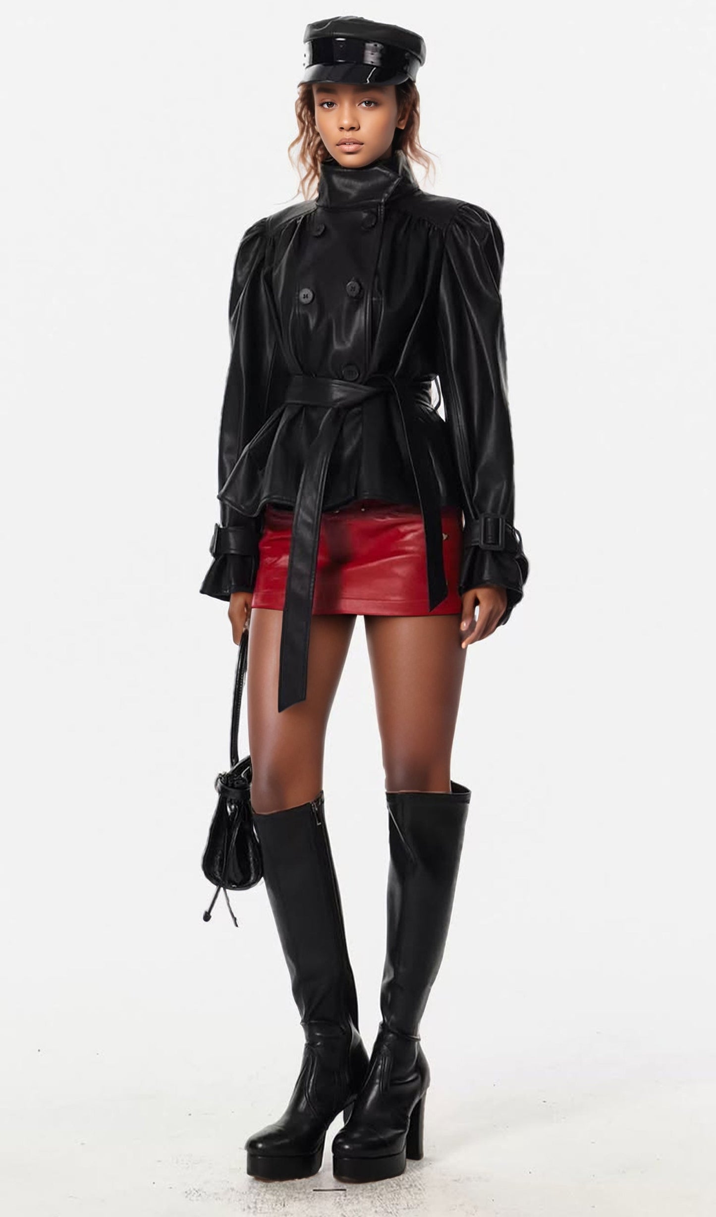 CHAQUETA DE CUERO PLISADA CON CUELLO ALTO