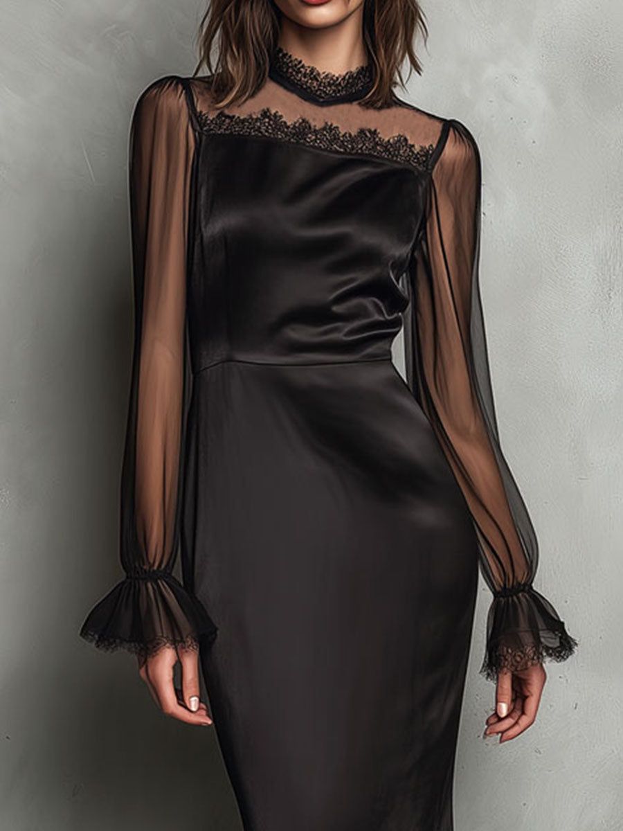 VESTIDO MIDI SATÉN NEGRO MANGA TRANSPARENTE ENCAJE