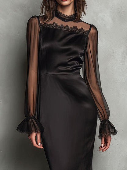 VESTIDO MIDI SATÉN NEGRO MANGA TRANSPARENTE ENCAJE