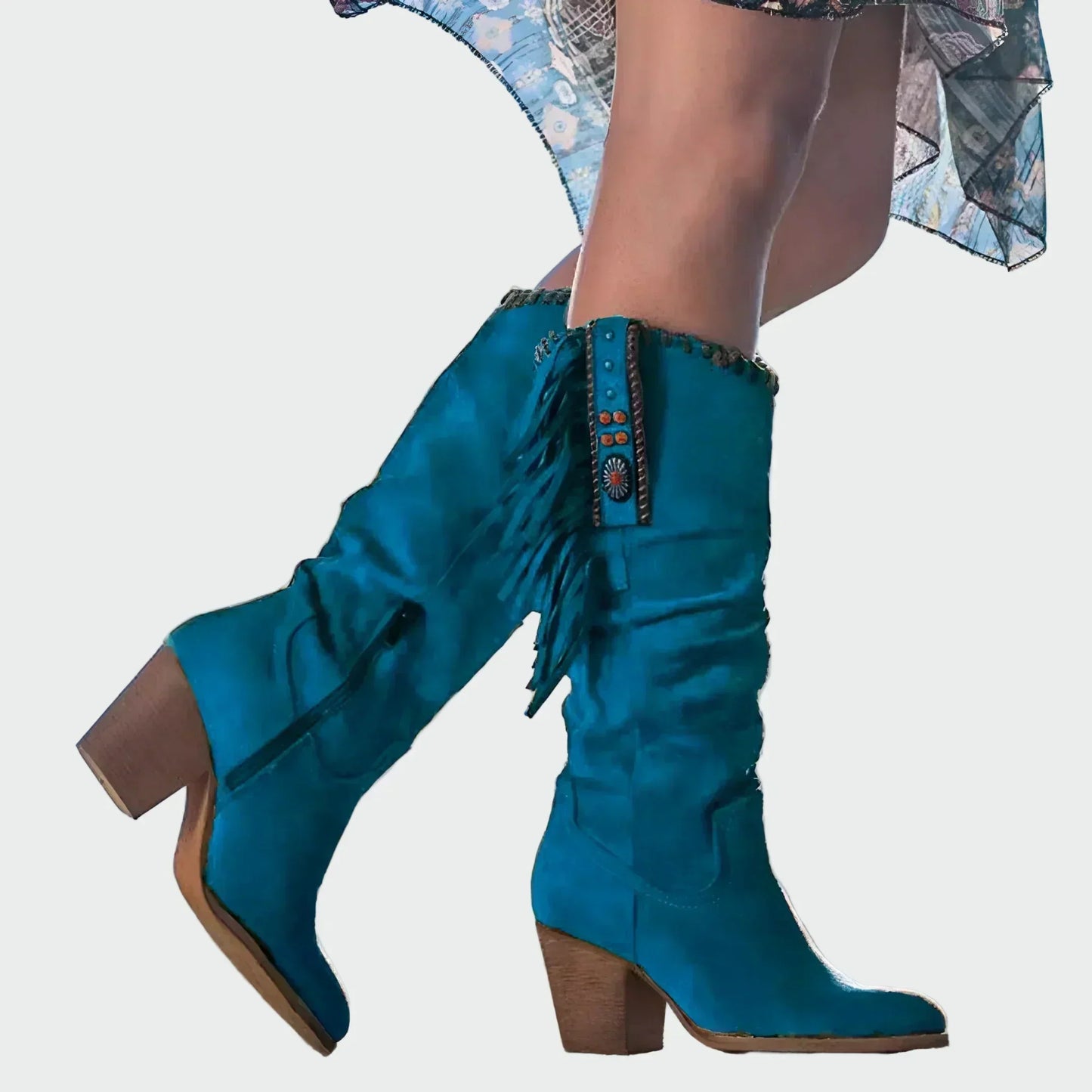 BOTAS BOHO-WESTERN CON FLECOS Y PIEDRAS TURQUESAS