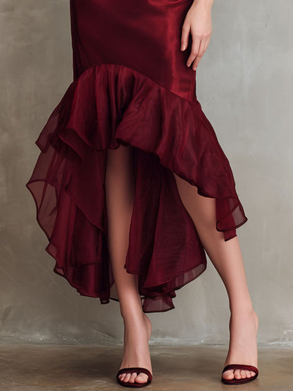 VESTIDO NOCHE SATÉN BURDEOS HALTER HIGH-LOW