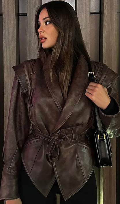 CHAQUETA DE CUERO CON CINTURÓN