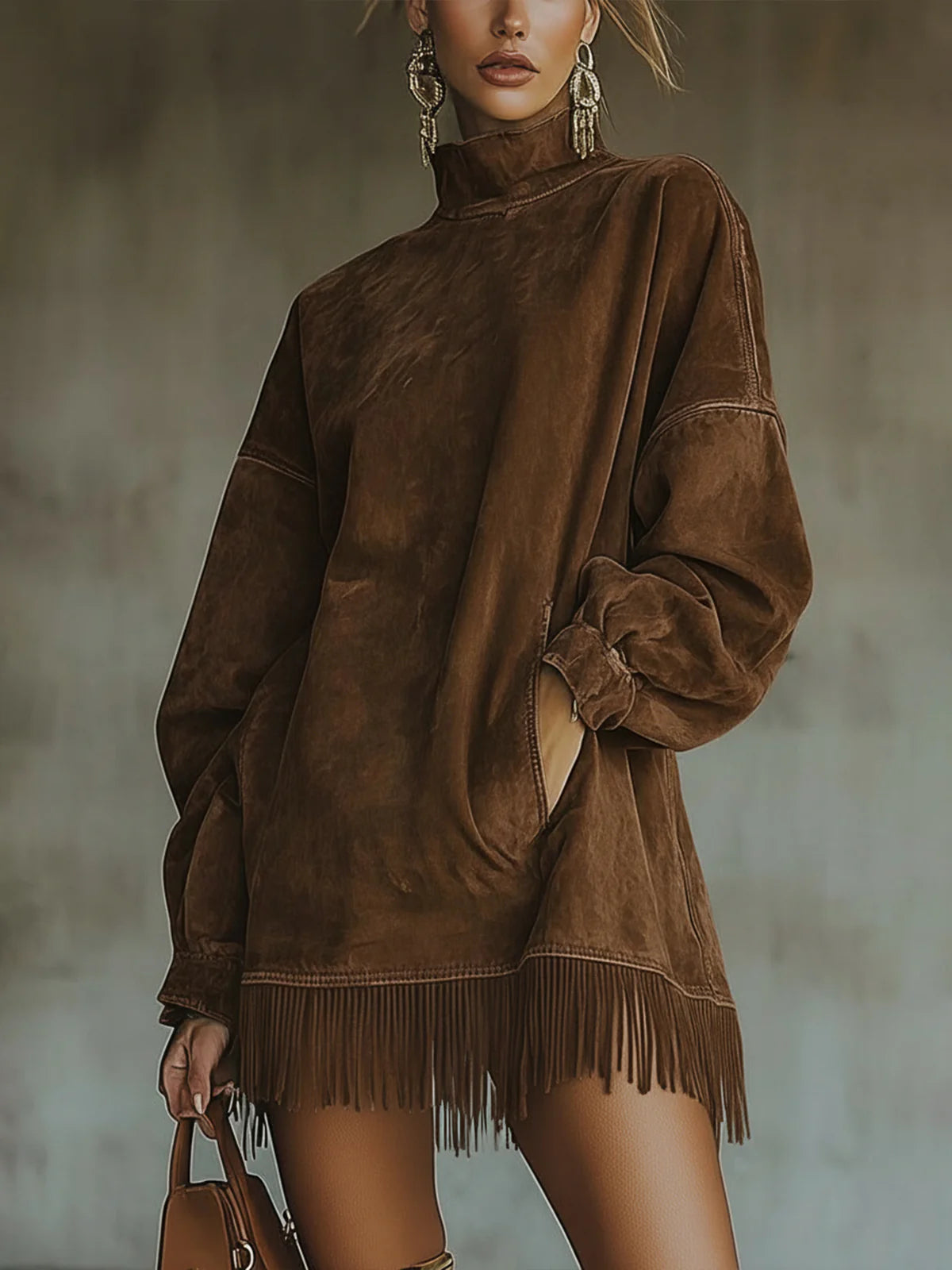VESTIDO BOHO DE ANTE CON FLECOS Y CUELLO ALTO MARA
