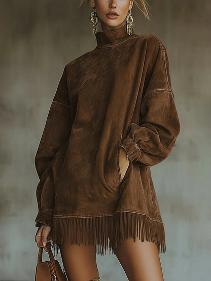 VESTIDO BOHO DE ANTE CON FLECOS Y CUELLO ALTO MARA
