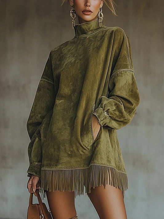 VESTIDO BOHO DE ANTE CON FLECOS Y CUELLO ALTO MARA