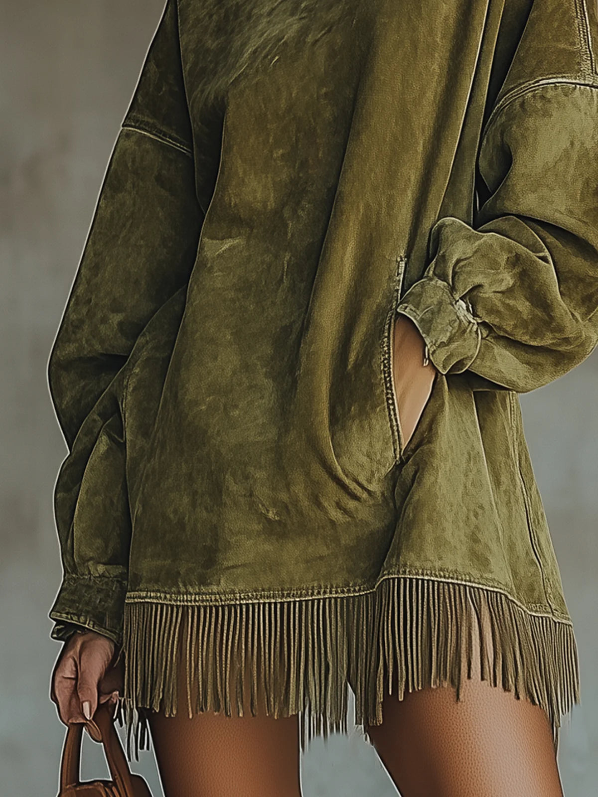 VESTIDO BOHO DE ANTE CON FLECOS Y CUELLO ALTO MARA