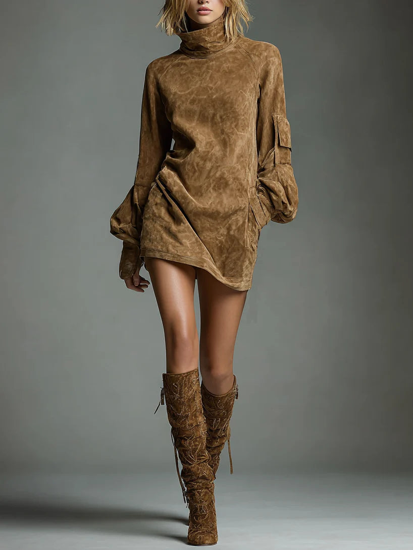 VESTIDO MINI OVERSIZE DE ANTE CON CUELLO ALTO LIVIA