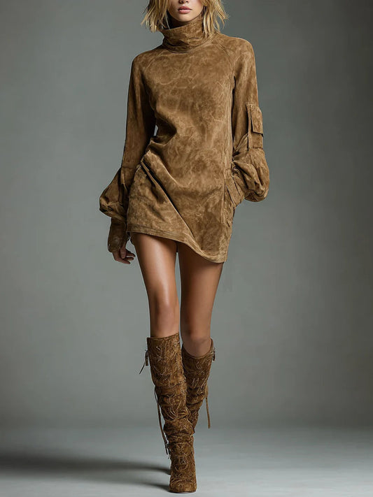 VESTIDO MINI OVERSIZE DE ANTE CON CUELLO ALTO LIVIA