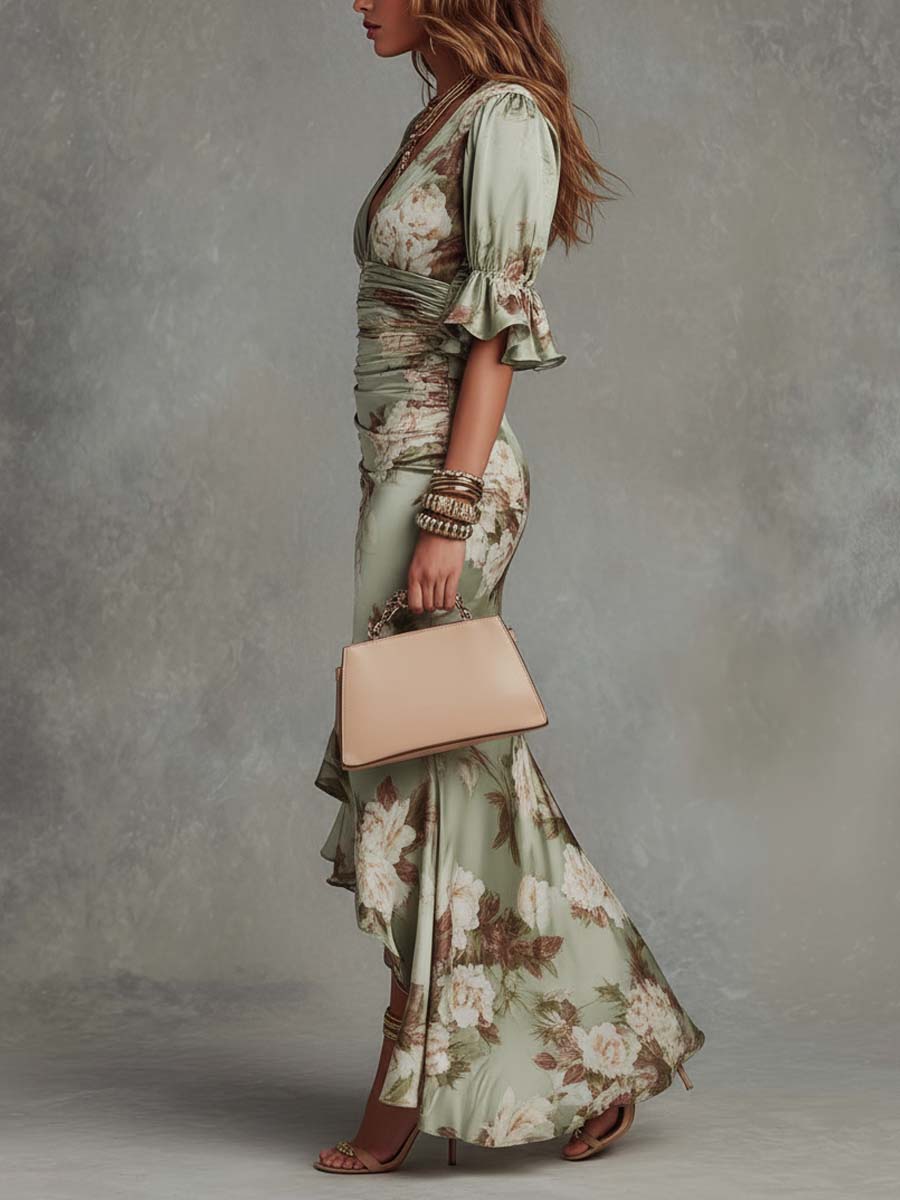 Anna – Vestido Largo Asimétrico en Satén Floral