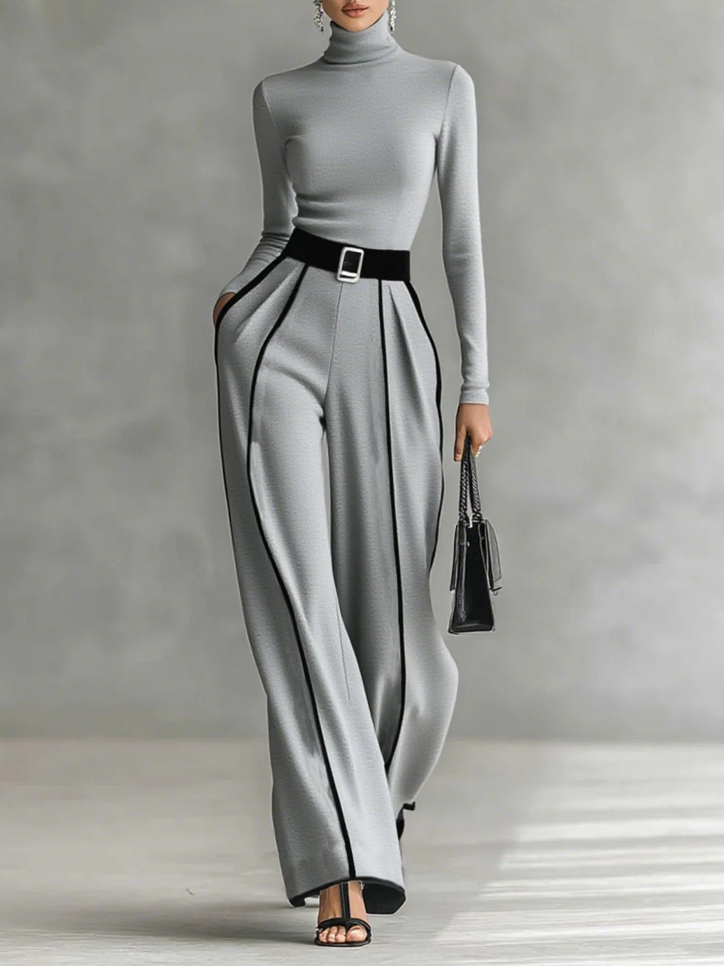 SET DE TOP DE CUELLO ALTO Y PANTALÓN DE PIERNA ANCHA CON CINTURÓN SOLANA