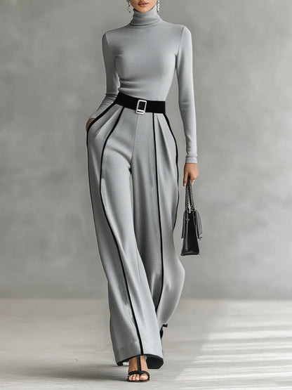SET DE TOP DE CUELLO ALTO Y PANTALÓN DE PIERNA ANCHA CON CINTURÓN SOLANA