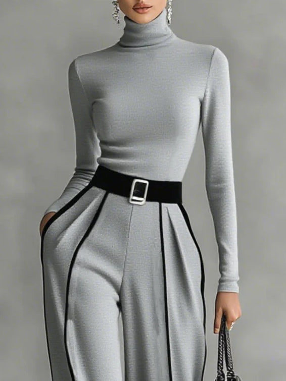 SET DE TOP DE CUELLO ALTO Y PANTALÓN DE PIERNA ANCHA CON CINTURÓN SOLANA
