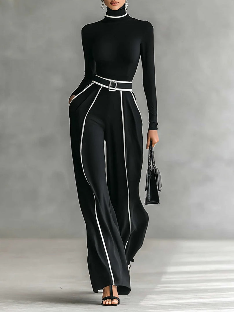 SET DE TOP DE CUELLO ALTO Y PANTALÓN DE PIERNA ANCHA CON CINTURÓN SOLANA