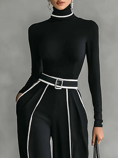 SET DE TOP DE CUELLO ALTO Y PANTALÓN DE PIERNA ANCHA CON CINTURÓN SOLANA