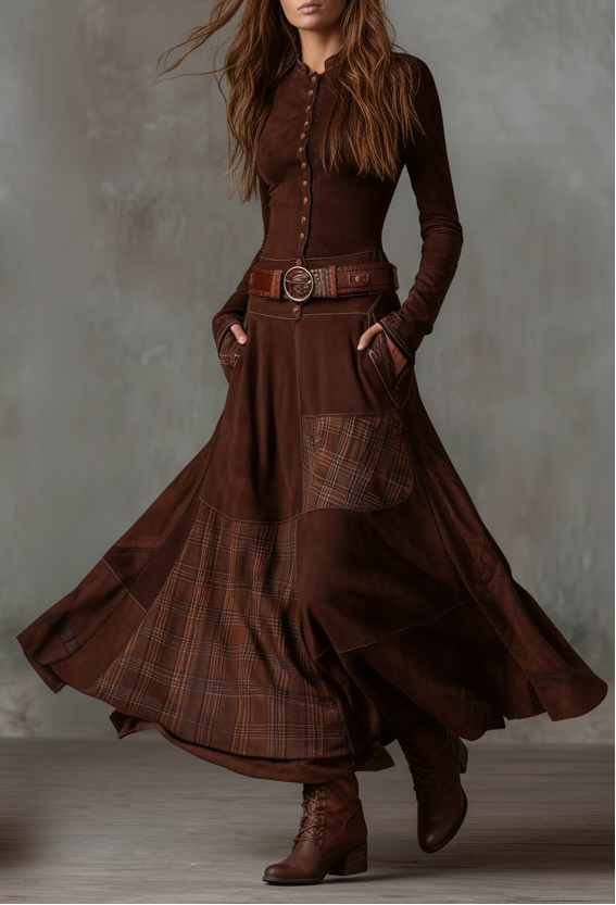 VESTIDO LARGO VINTAGE DE ANTE A CUADROS GIULIA