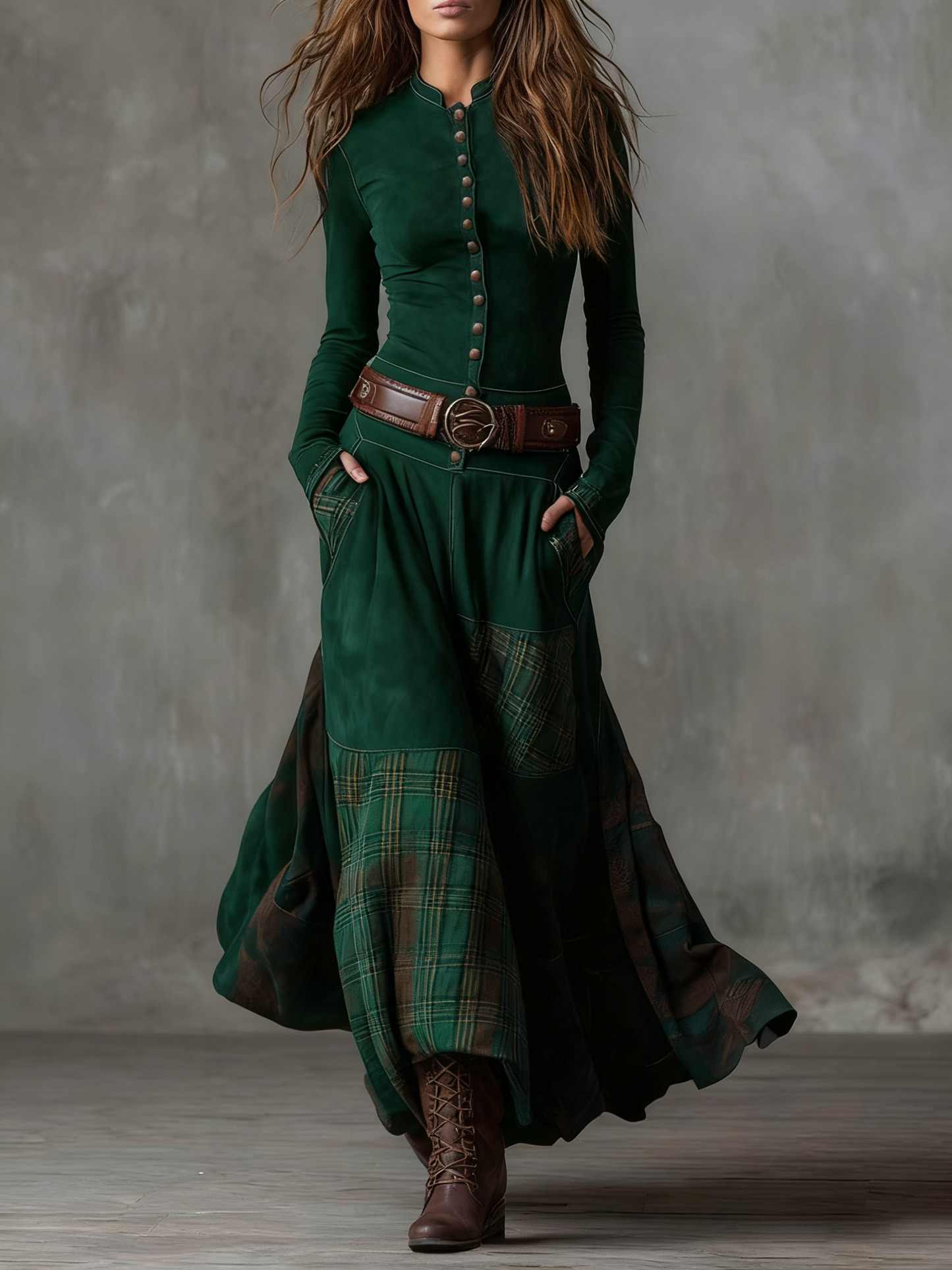 VESTIDO LARGO VINTAGE DE ANTE A CUADROS GIULIA
