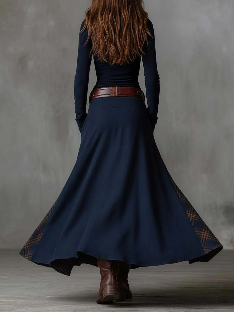 VESTIDO LARGO VINTAGE DE ANTE A CUADROS GIULIA