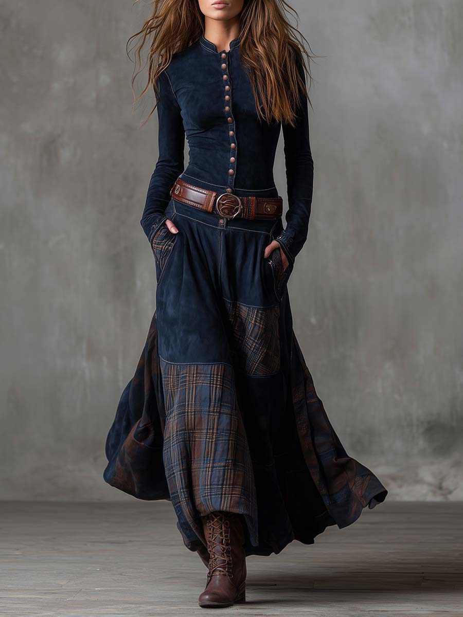 VESTIDO LARGO VINTAGE DE ANTE A CUADROS GIULIA