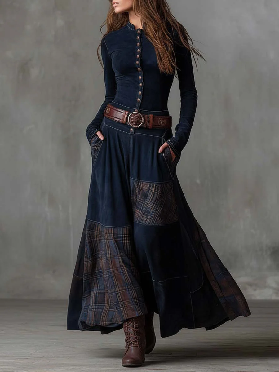VESTIDO LARGO VINTAGE DE ANTE A CUADROS GIULIA