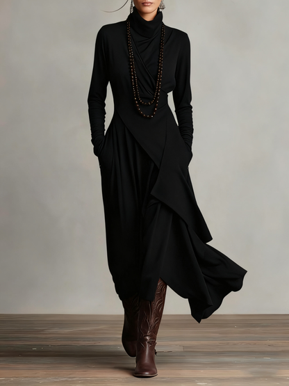 VESTIDO MAXI PLISADO ASIMÉTRICO DE CUELLO ALTO AURELIA