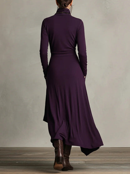 VESTIDO MAXI PLISADO ASIMÉTRICO DE CUELLO ALTO AURELIA