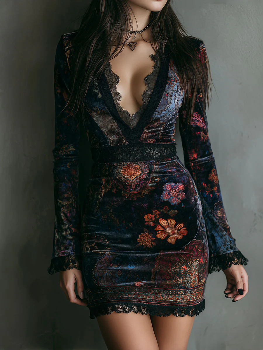 VESTIDO MINI DE VELVET SLIM FIT CON ENCAJE Y ESTAMPADO FLORAL SERENA