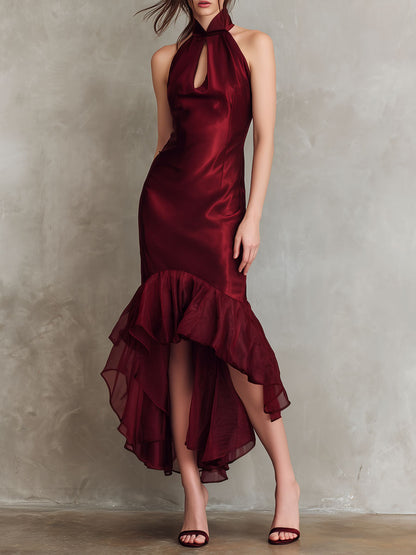 VESTIDO NOCHE SATÉN BURDEOS HALTER HIGH-LOW
